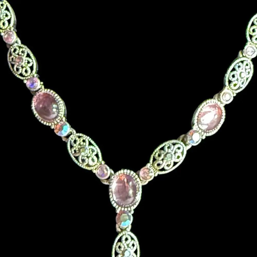 VTG Avon Silver Plate Filigree Cabochon AB Rhinstone Y Drop Lavaliere Necklace - Picture 5 of 16